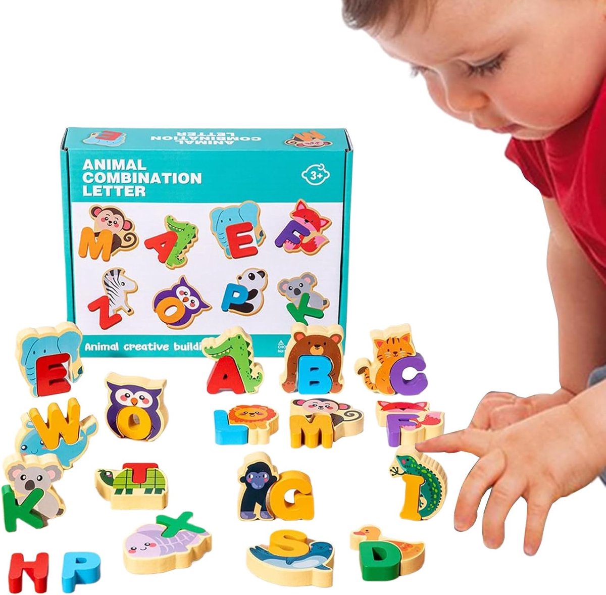 Alfabet Puzzel - Houten Leerzaam Spel - Vroege Taalontwikkeling - Dieren Thema Ontwerp - 18x5x0.1 cm - Multicolor