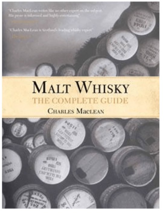 Boek kaft met 'Malt Whisky The Complete Guide Charles MacLean' in het midden. Achtergrond vol met whisky vaten.