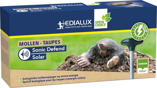 Verpakking van "MOLLEN - TAUPE" "Sonic Defend Solar" met mol, "GREEN CHOICE" logo, solar-icoon en tekst "Ecologische mollenverjager op zonne-energie"