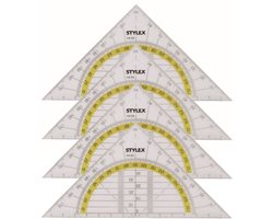 Stylex Geodriehoek - Voordeelset van 4x stuks - met liniaal en gradenboog - kunststof - 14 x 9 cm - wiskunde/school - driehoek lineaal