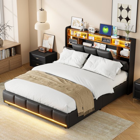 Tweepersoonsbed met LED- en USB-aansluiting 140 x 190 cm, hydraulisch verstelbaar bed met opbergruimte, gewatteerd hoofdeinde, brede lattenbodem, zwart, PU-stof