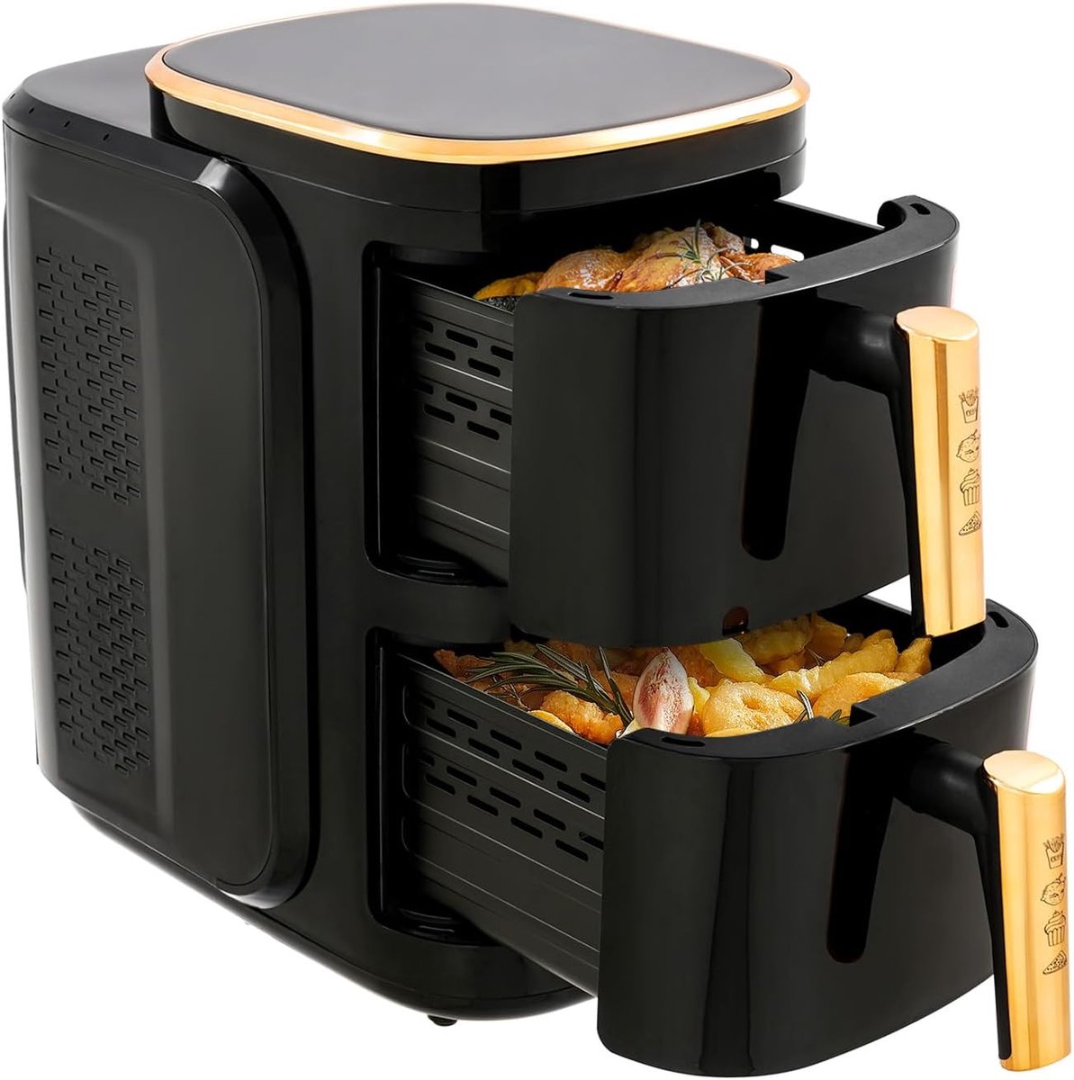 Dubbele Heteluchtfriteuse - Grote Airfryer - Gezinsmaaltijden - Dubbele Mand Technologie - 2x 6.34 QT - Zwart Goud