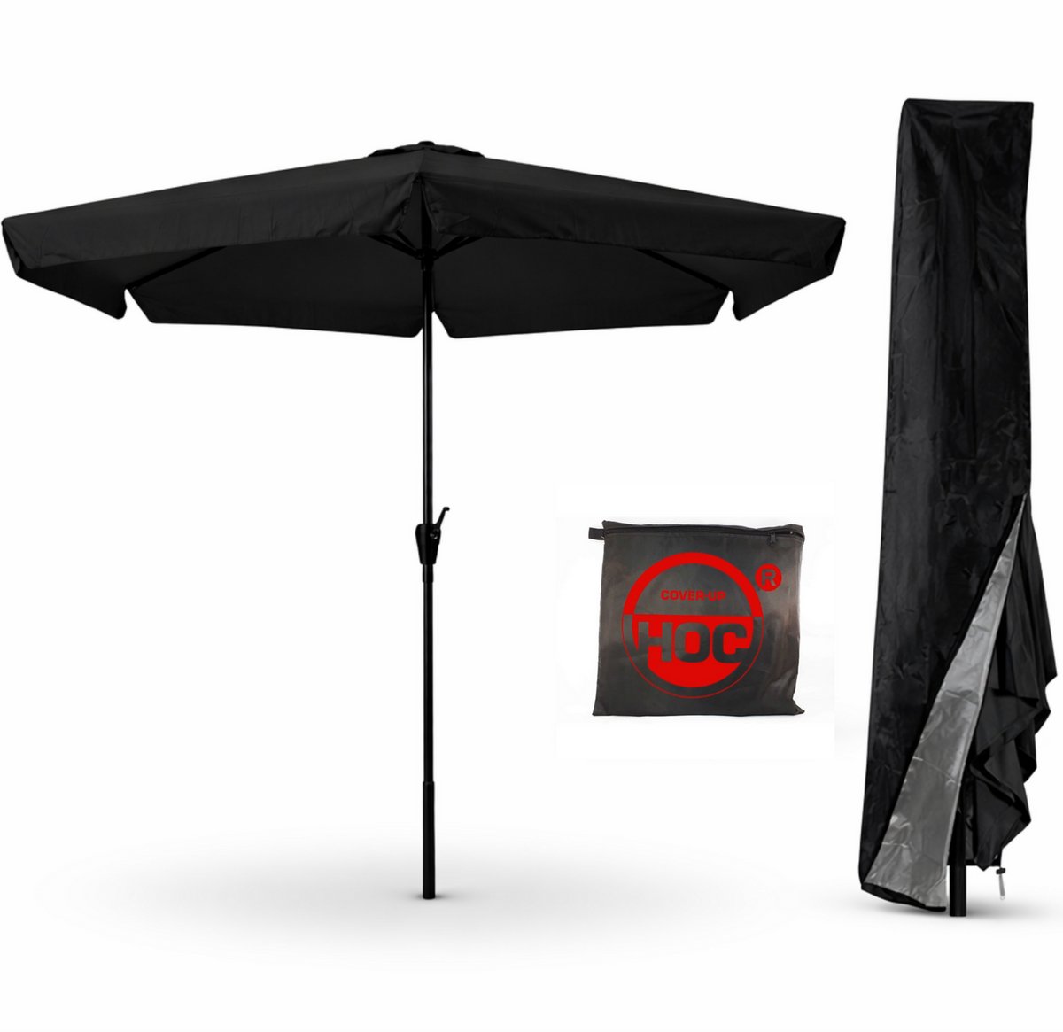 CUHOC Zwarte Parasol met hoes - 3m - stokparasol - Parasol Zwart met Volanten Opdraaier en Redlabel hoes