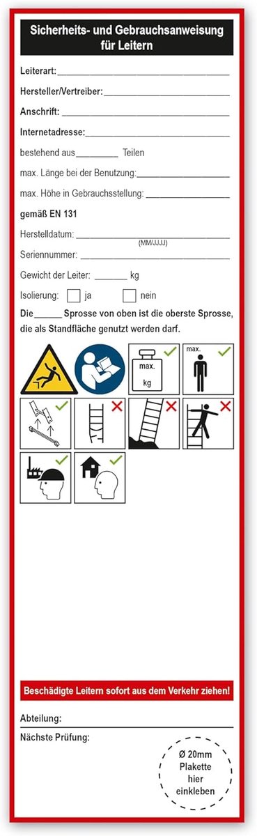 Veiligheidssticker Ladder - Gebruiksaanwijzing Sticker - Veilig Werken - Voorzien van velden - 65 x 225 mm - Meerkleurig