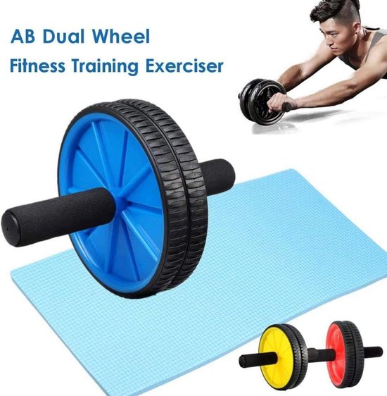 Een blauwe ab roller met zwarte handvatten op een blauw trainingsmatje.