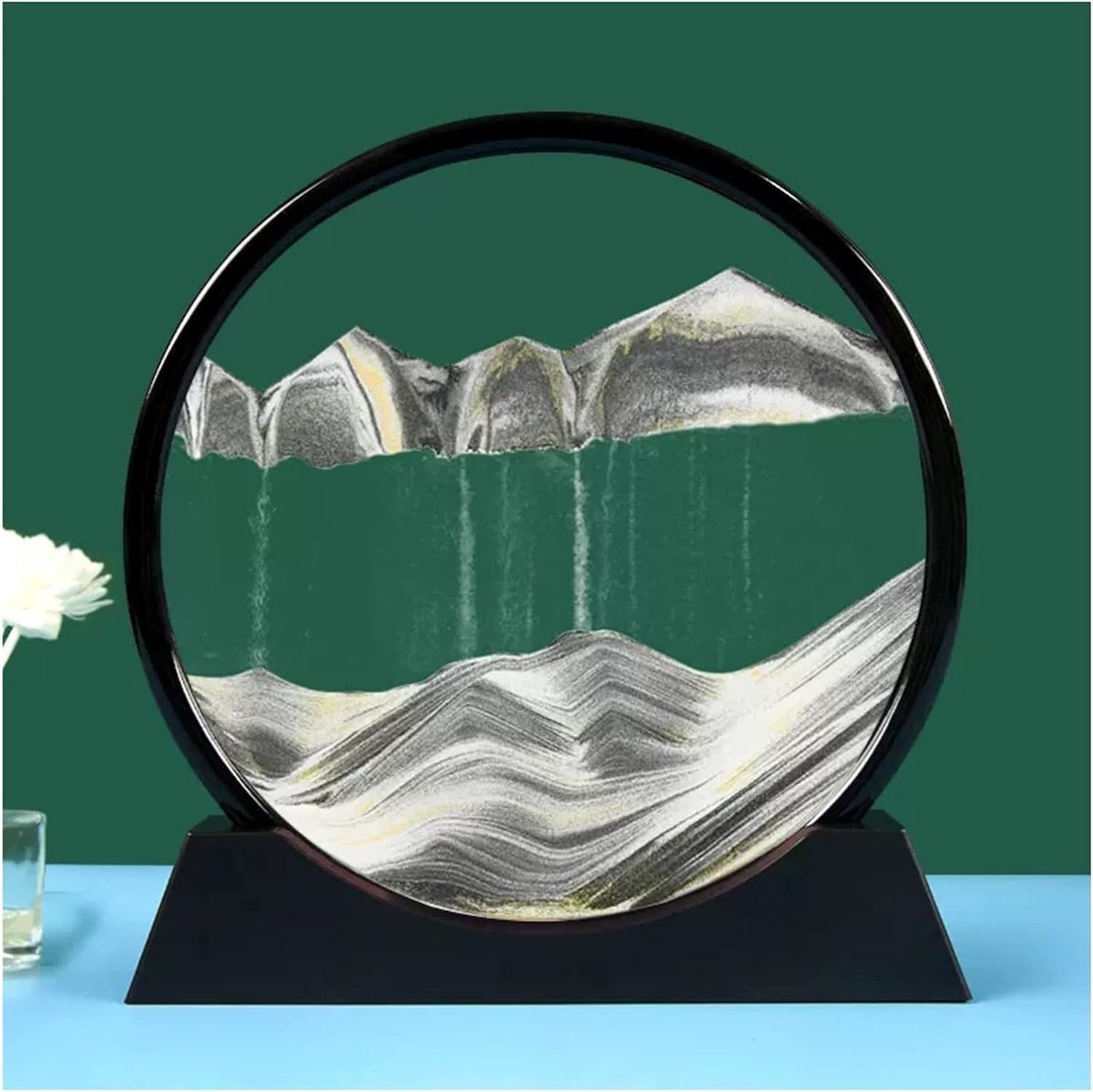 Zandkunst Decoratie - Draaiend Zand Schilderij - Ontspanning Thuis - Veranderende Landschappen - 18 cm Rond - Zwart