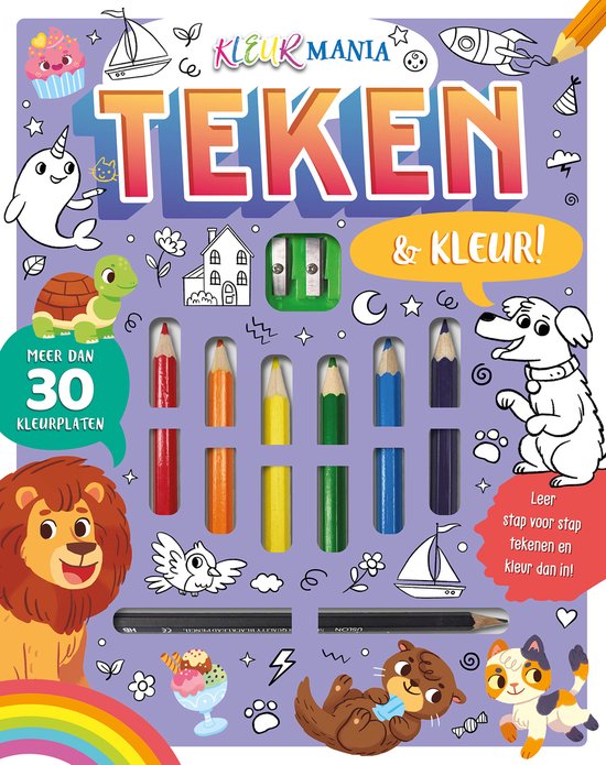 Een kinderboek met de titel 'Tekenen & Kleur!' en illustraties van een leeuw, een hond, een narwal, een schildpad, otter, kat en kleurpotloden.