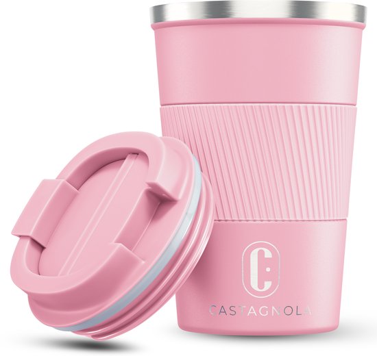 Roze thermosbeker met geribbelde grip en afneembare deksel, op een witte achtergrond.