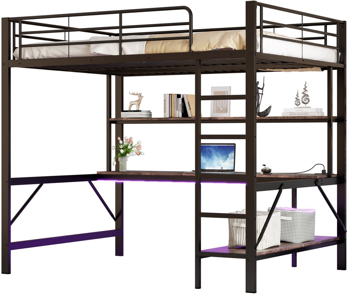 Merax Hoogslaper 140x200 cm met Bureau - Metalen Frame - Opbergplanken - USB en Stopcontact - LED Verlichting met Afstandsbediening - Zwart - Zonder Matras
