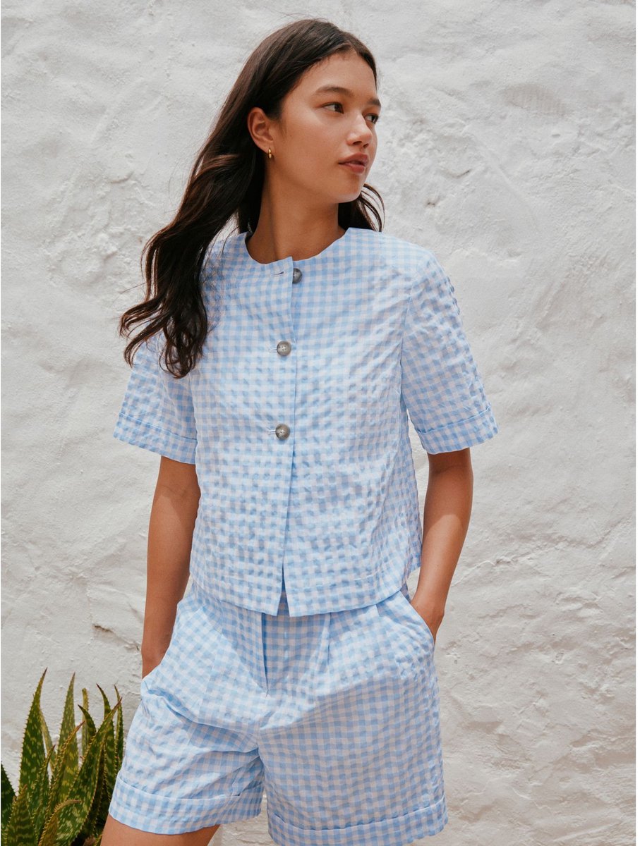 Next - Dames - Gingham-top met knopen en korte mouwen - Blauw