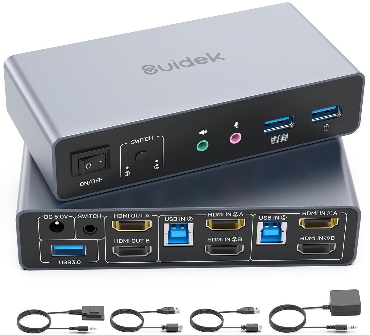 HDMI KVM Schakelaar - Dubbel Monitor - Computer Beheer - 4K 60Hz Uitvoer - 13 x 6.2 x 3 cm