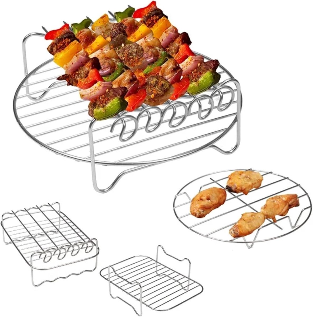 Airfryer Grillrooster Bakrek Houder Barbecue Keuken Roestvrij Staal Dubbele Laag Zilver