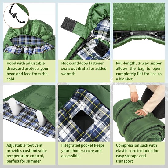 XL Slaapzak - Kampeer slaapzak - Buiten slapen - Extra ruim flanel - 220x100cm - Groen — afbeelding 2