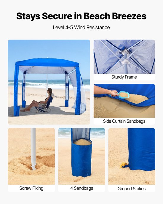VEVOR Strandcabana, 2,4 X 2,4 M Strandtent met Zijwanden, UPF 50+ Zonbescherming, Strandpaviljoen met Zandzakken, in Hoogte Verstelbaar en Draagbaar Zonnescherm voor Familie en Vrienden, Blauw — afbeelding 3