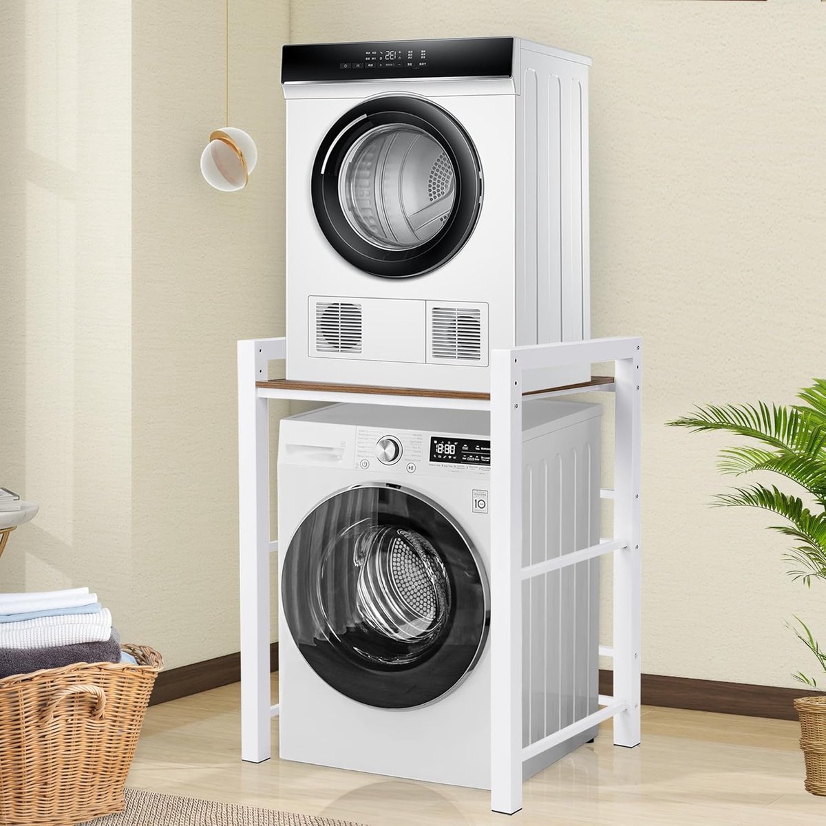 Wasmachine Rek - Wasdroger Kast - Ruimte Besparen - 3 Verstelbare Planken - 75x65x105 cm - Wit