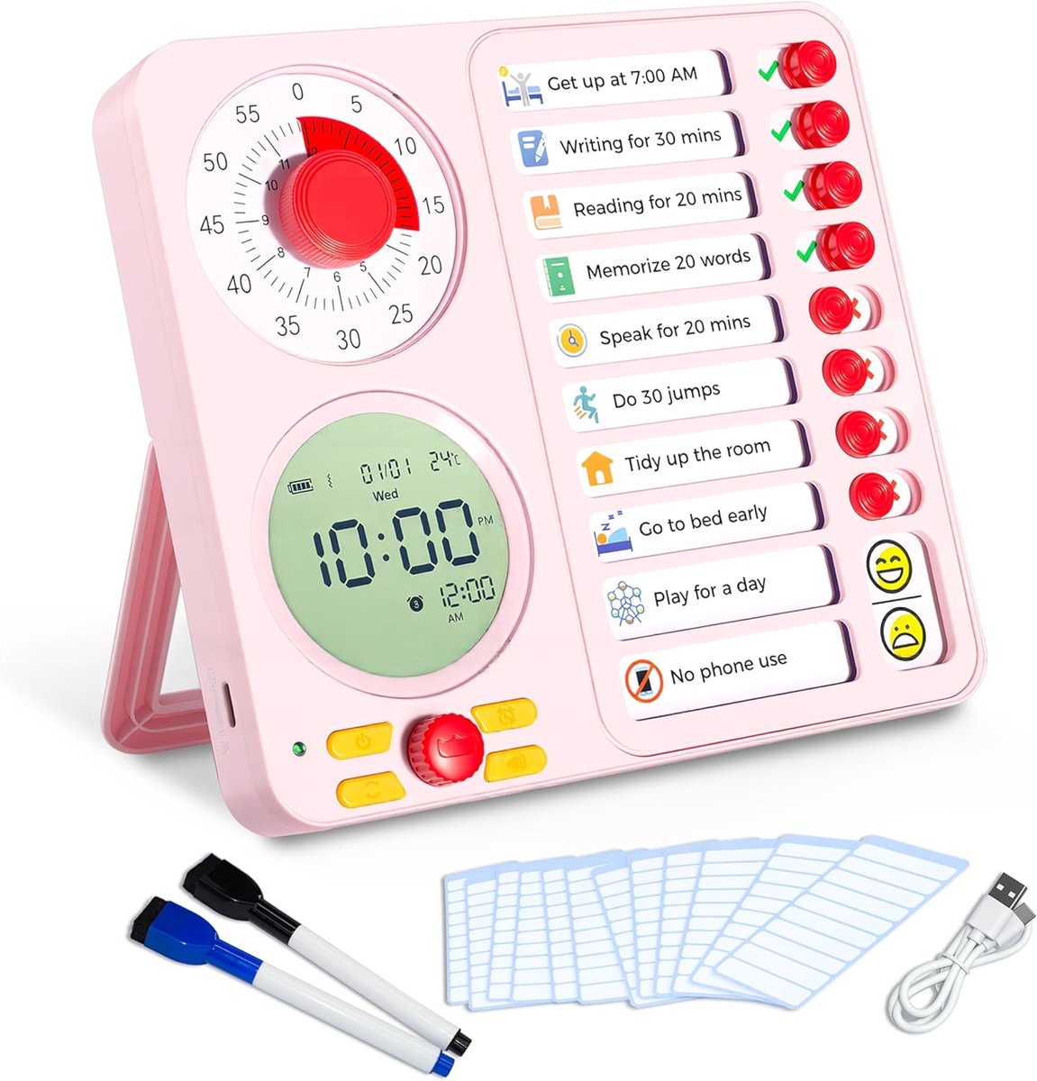 Visuele Timer - Digitaal Alarm - Tijd Management - Met Takenbord - 5x18x19 cm
