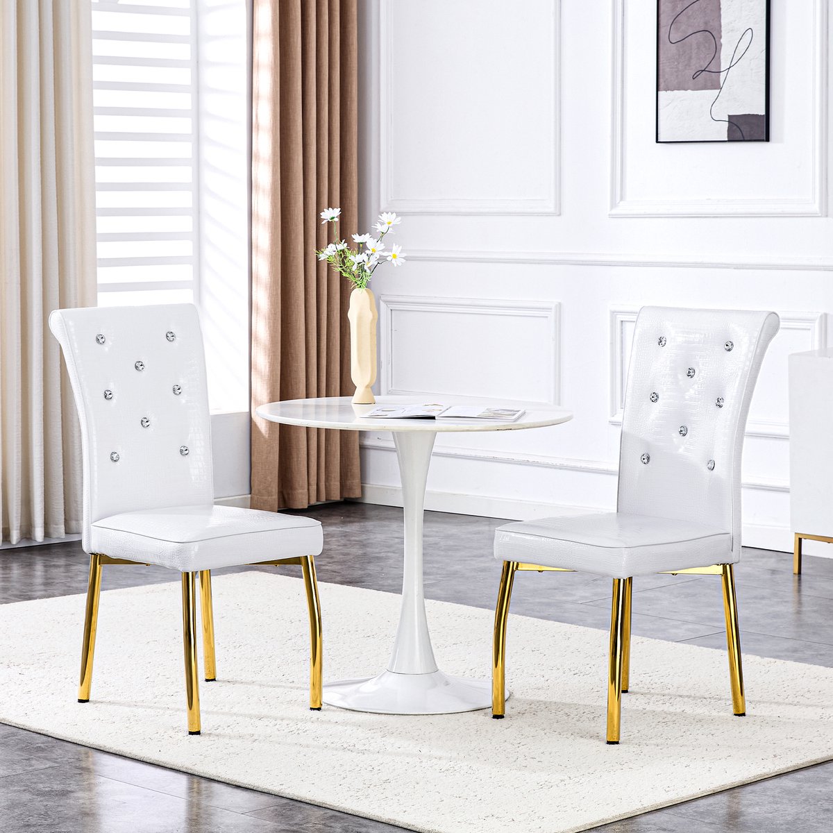 HAUSS SPOLE Eetkamerstoel - Retro Design - Set Van 2 - Comfortabel Met Kristaldetail En Metalen Poten - Wit Goud Wit+Goud