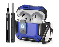 Blauw robuust hoesje voor oordopjes met carbon look geschikt voor AirPods 4 inclusief schoonmaakset en karabijnhaak – schokbestendig en duurzaam