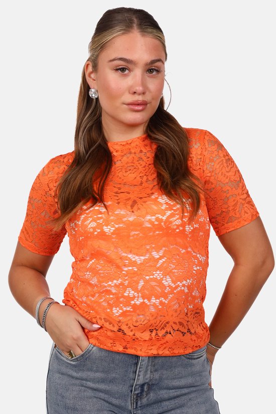 Getdrezzed Top - Maat: L - Kanten top met bloemenstructuur korte mouw oranje - Koningsdag