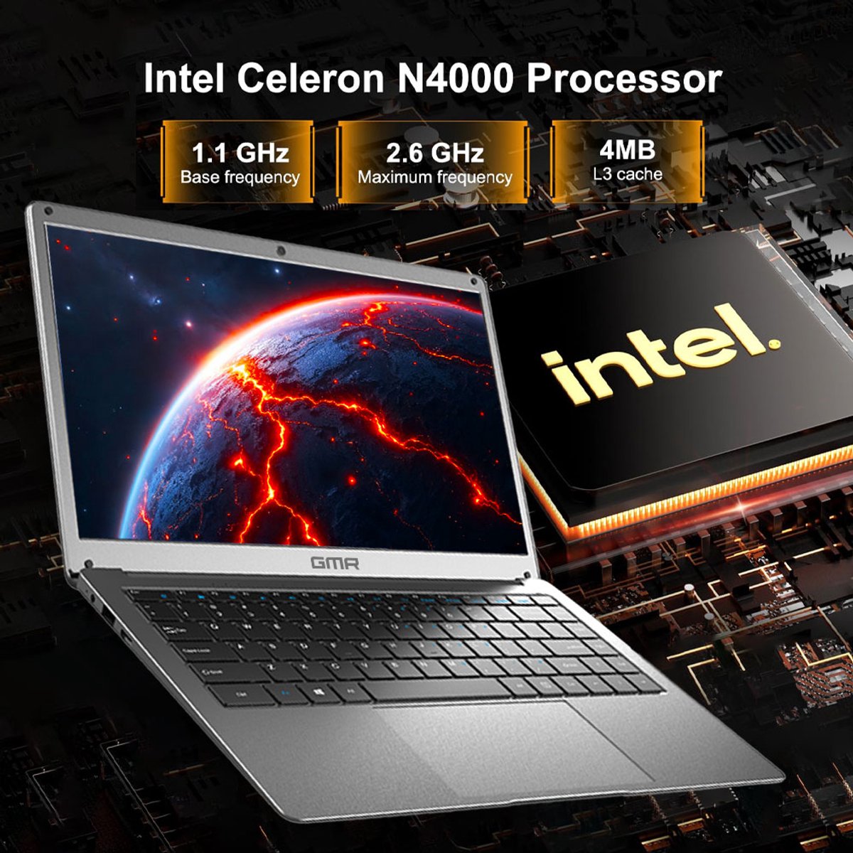 Laptop 14 Inch - Windows 11pro - Intel Celeron N4000 - 6GB RAM - 128GB SSD - GMR Notebook voor Studie, School, Office, Internet, E-mail en Thuiswerken - Studenten Laptop - Compacte Werk Laptop thumbnail 2