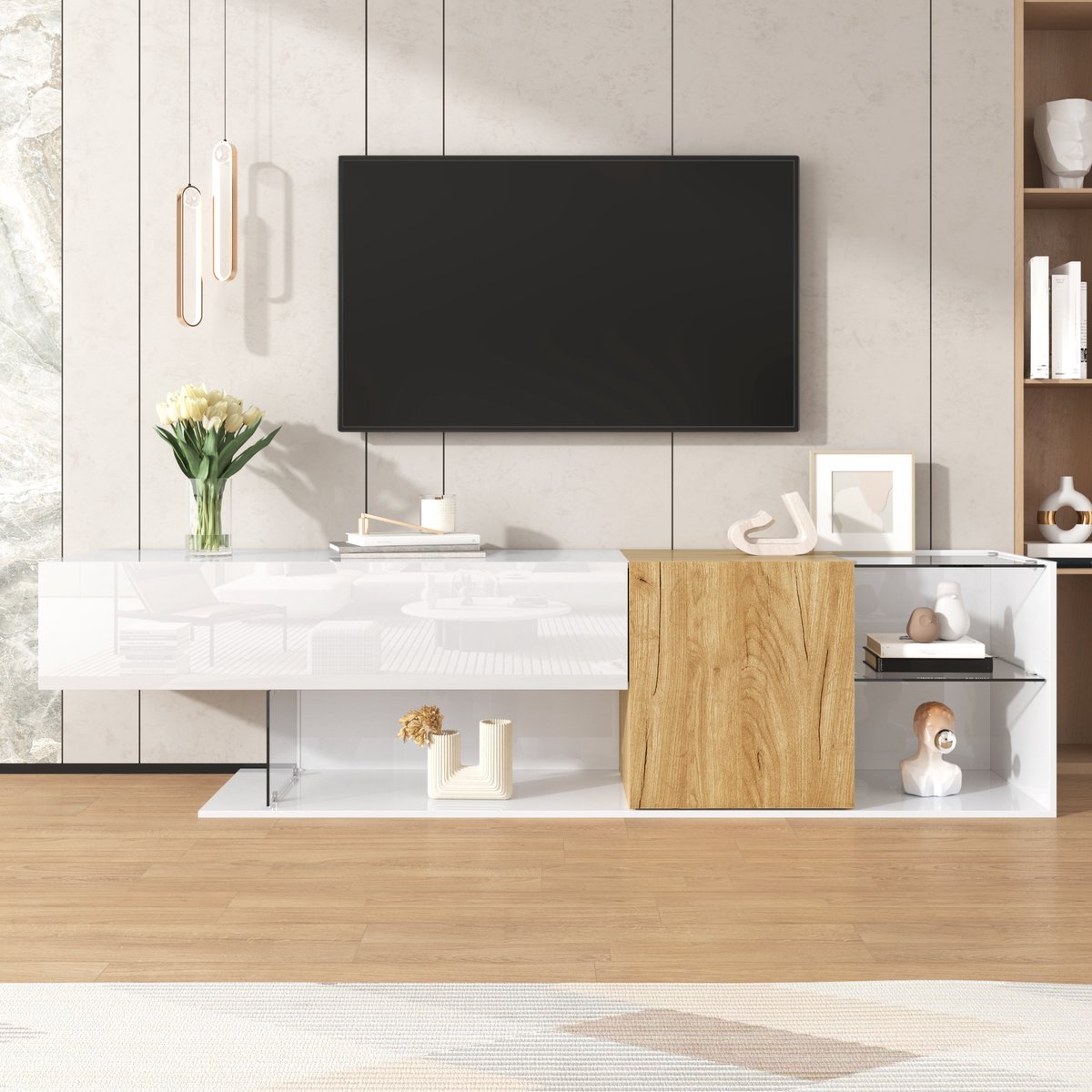 Wishdor Tv-Meubel - Hoogglans En Glazen Planken - Minimalistisch - Woonkamer - Spaanplaat - Wit En Naturel - 180 X 38 X 48 Cm Natuurlijk, Wit
