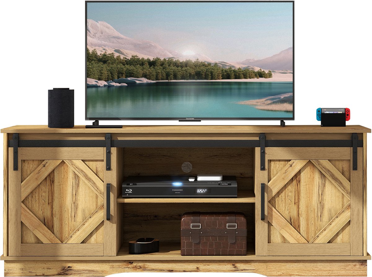 Wishdor - Tv-Meubel - Schuifdeuren En Verstelbare Planken - Landelijke Stijl - Voor Woonkamer - Spaanplaat - Bruin - 150 X 40 X 60 Cm