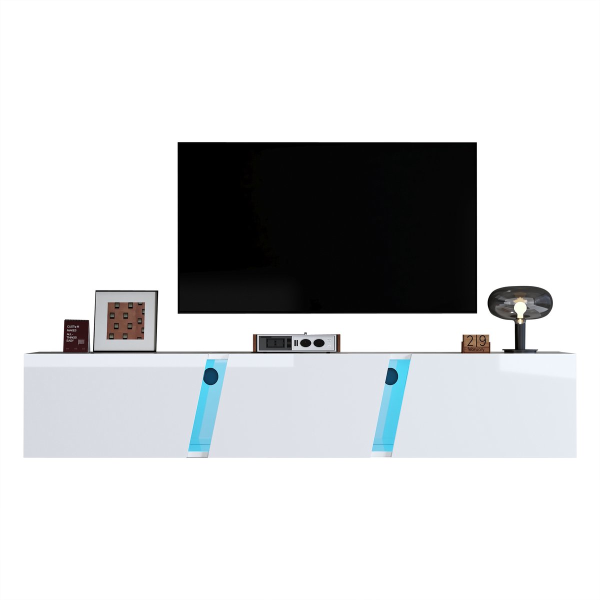 Wishdor Wandgemonteerd Tv-Meubel - Met Ledverlichting En 3 Klepdeuren - Modern - Spaanplaat En Acryl - Wit - 180 X 35 X 30 Cm