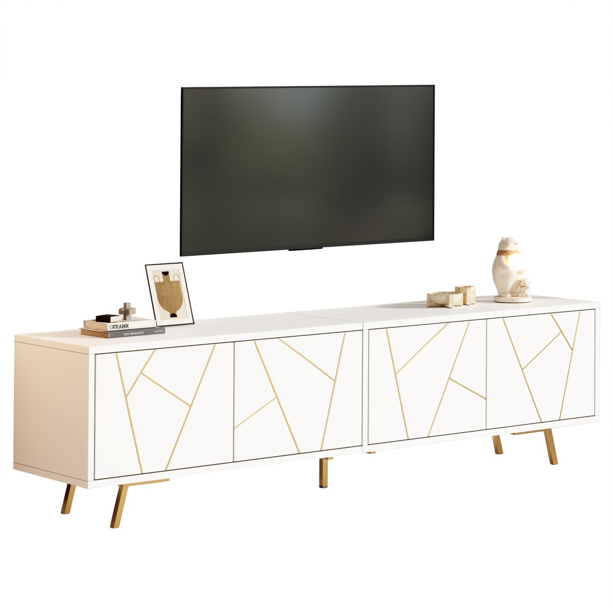 Wishdor TV-Meubel - 4 Deuren En 6 Metalen Poten - Geometrisch Ontwerp - Woonkamer - Spaanplaat - Wit-Goud - 190 X 40 X 51,5 Cm