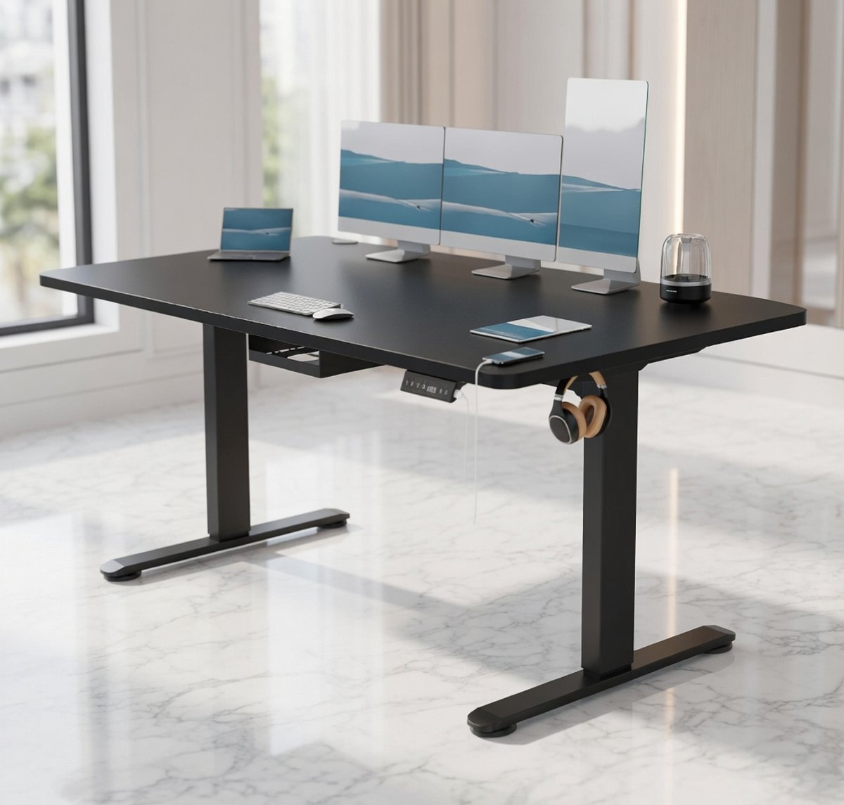 Ergonomisch Elektrisch In Hoogte Verstelbaar Bureau – Zit-Sta Bureau 160x80 cm met 3 Geheugeninstellingen, USB-A, Kabelmanagement & Robuust Metalen Frame – Perfect voor Kantoor, Thuiskantoor en Studie – Zwart House&Garden
