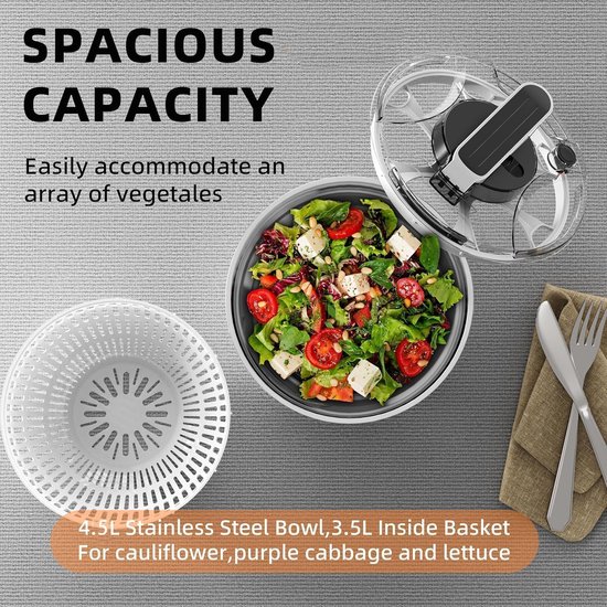 Slacentrifuge RVS - Groentedroger Kom - Salade Drogen - Antislip Basis - 45 Liter - Zilver van Merkloos — afbeelding 2