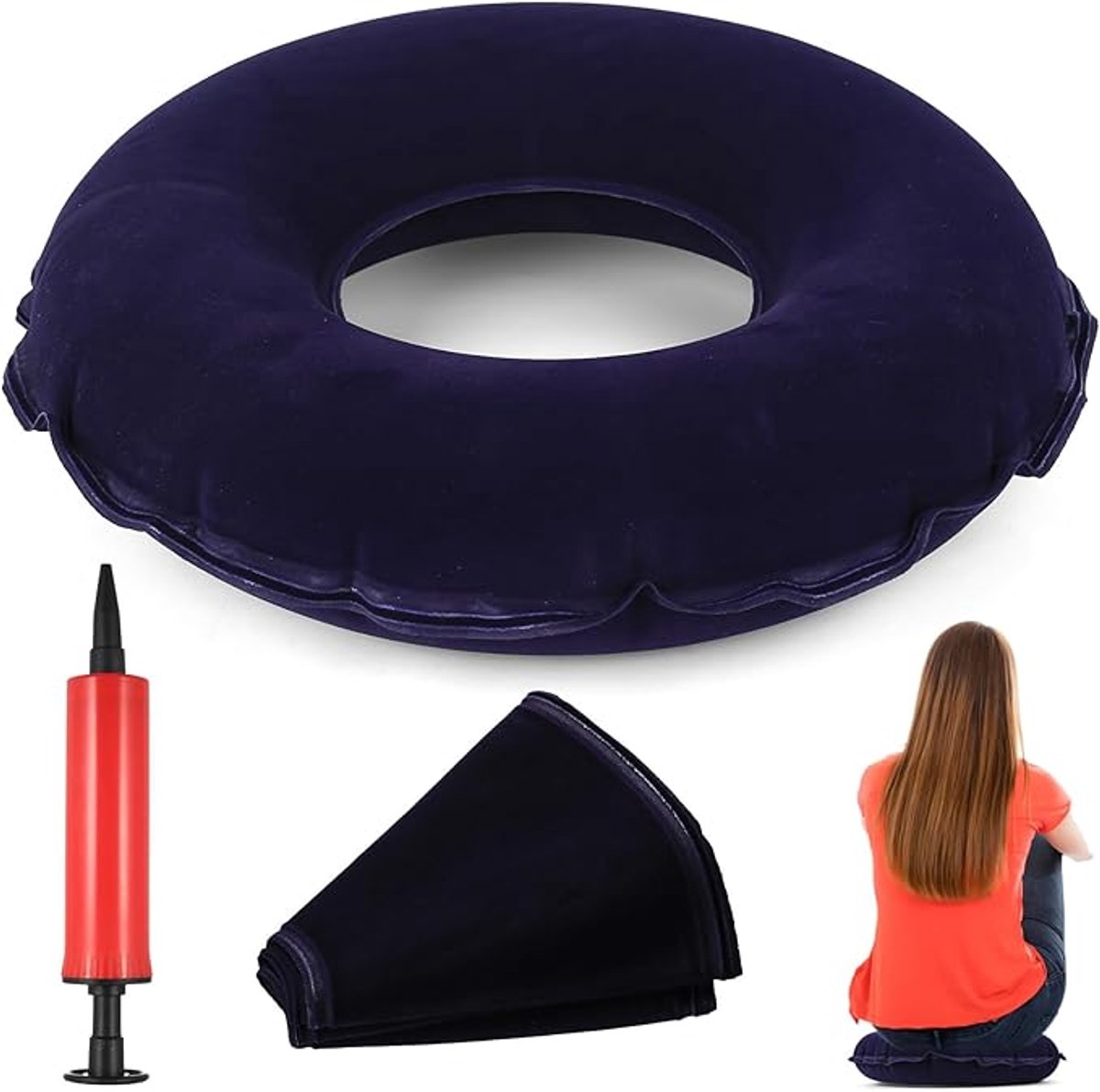 Zitring aambeien zitkussen aambeienkussen, zitring na operatie, stuitbeenkussen ontlasting, opblaasbaar ringkussen, donut zitkussen stuitbeen ontlasting met pomp (blauw)