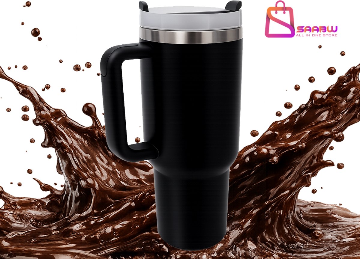 Thermosbeker 1.2L met Rietje en Handvat Dubbelwandig – RVS – Zwart – thermosbeker koffie – thermosbeker travel mug – koffie beker – 81021