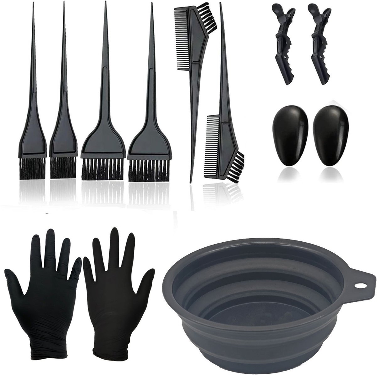 Opvouwbare kommenset (11 stuks)Haarverfset, haarverfbenodigdheden, inclusief een opvouwbare kom, verfkwast, verfkam en haarclips (zwart).s-Belle's product