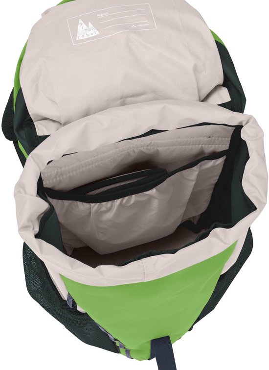 Opengevouwen limegroene rugzak met beige voering, vakjes en Vaude logo.