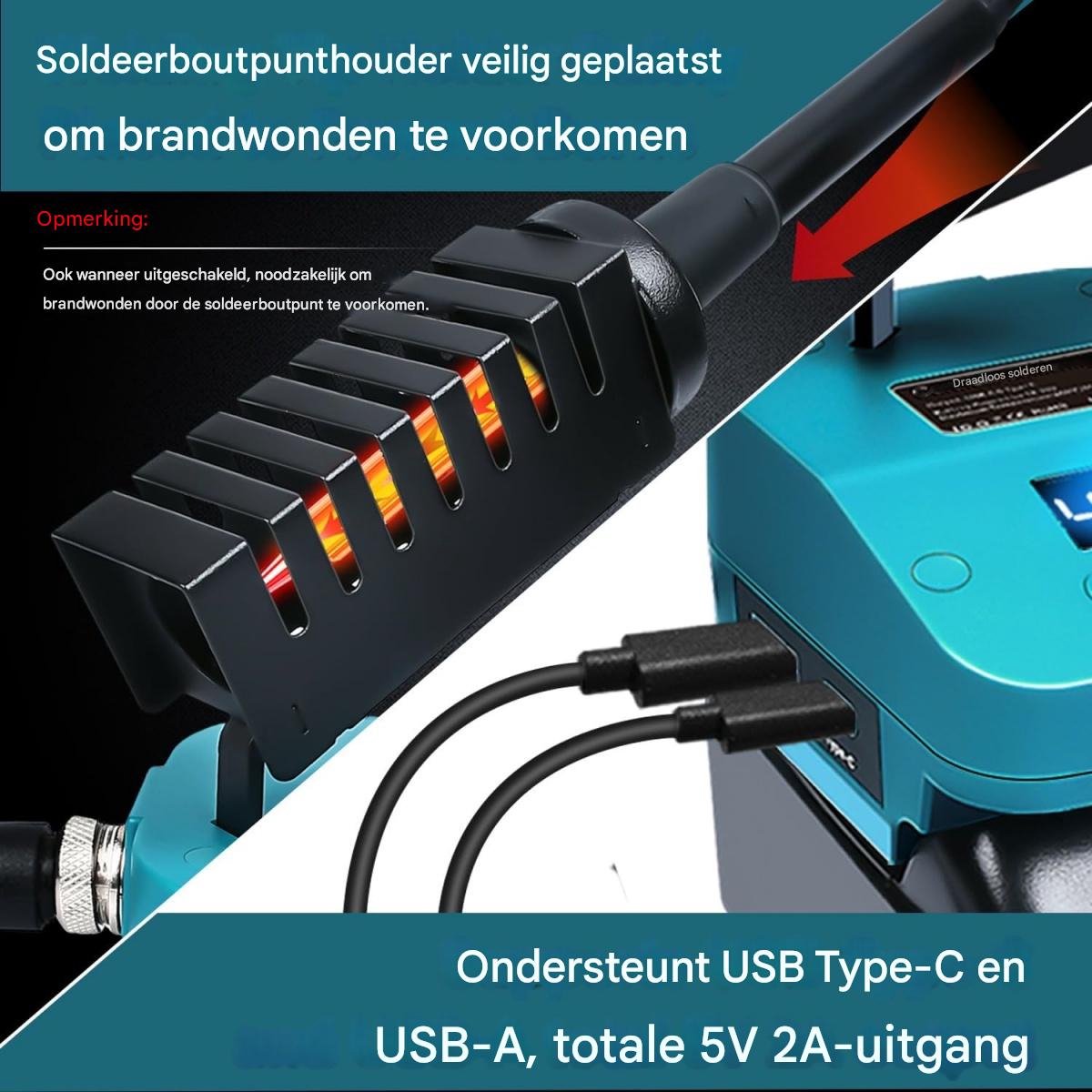 GELLDG Soldeerbout met Snel Opwarmen - Draadloze Lötstation met USB-C & Type-C Poorten - Automatisch Temperatuur Geheugen - Geschikt voor Makita 18V Accu - Voor Elektronica Reparatie en Huisprojecten - Kunststof Behuizing - 5.2x11.4x8.5cm – foto 6