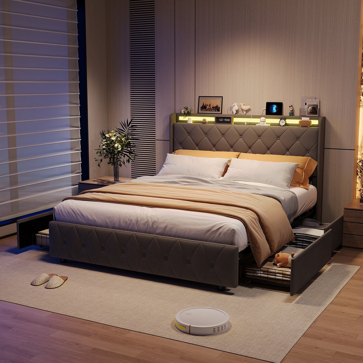 ROSAHQNDA Bed 160x200 cm – Modern opbergbed met ledverlichting en USB-oplaadpoort, 4 lades, fluwelen bekleding, matras niet inbegrepen Grijs