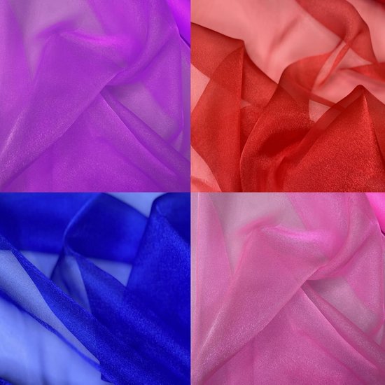 Vier transparante stoffen in de kleuren paars, rood, blauw en roze, gerimpeld.