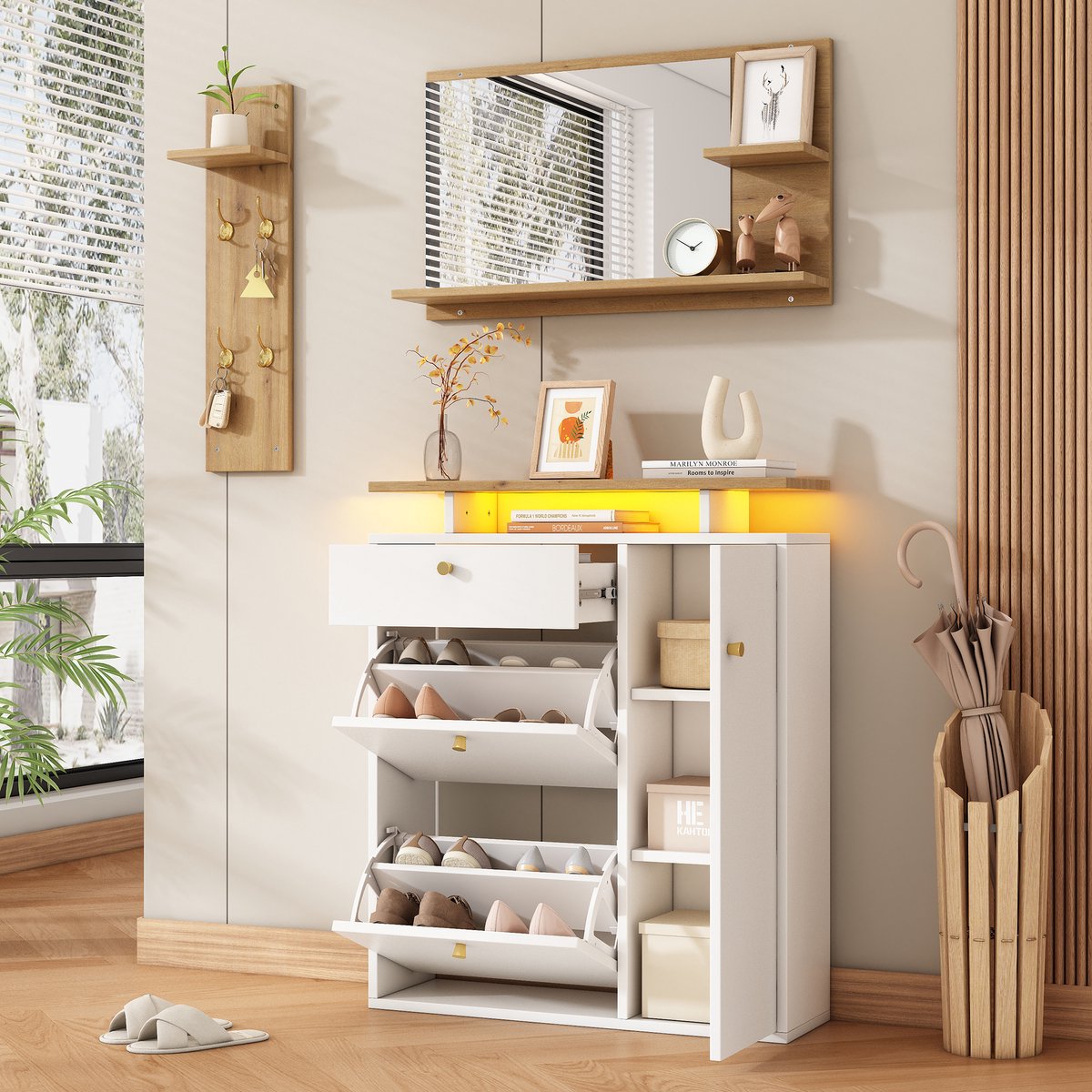 Garderobestandaard voor in de gang – 3-delige set – inclusief spiegel, hoedenrek en schoenenkast: garderobestandaard met ledverlichting – 4 haken – naturel wit – afmetingen 105 x 25 x 151,5 cm