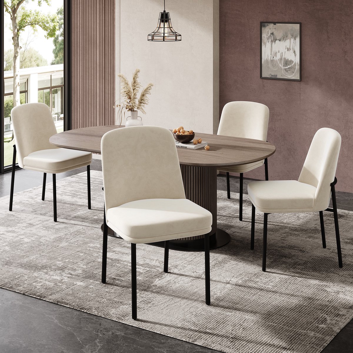 REDOM - Eetkamerstoelen Set Van 4 - Dik Gevoerde Zitting - Modern Minimalistisch - Voor Eetkamer Of Woonkamer - Fluweel - Beige