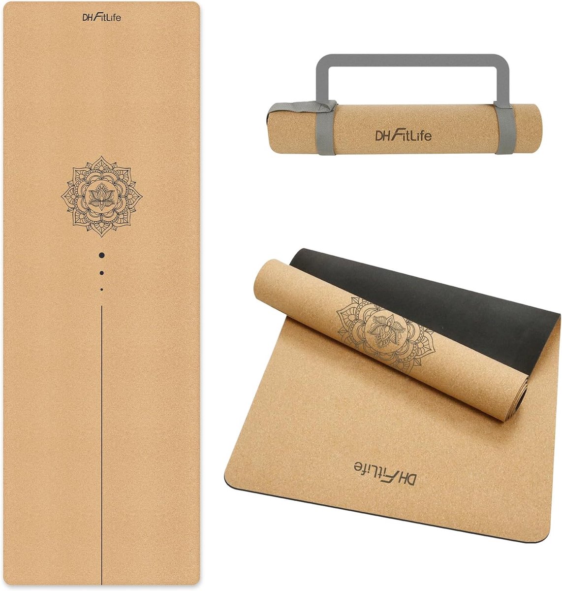 DH FitLife Kurken Yogamat - Antislip van Natuurlijk Rubber, Direct Klaar voor Gebruik, Gemakkelijk te Reinigen, Fitness- en Pilatesmat (Lotus Flow)