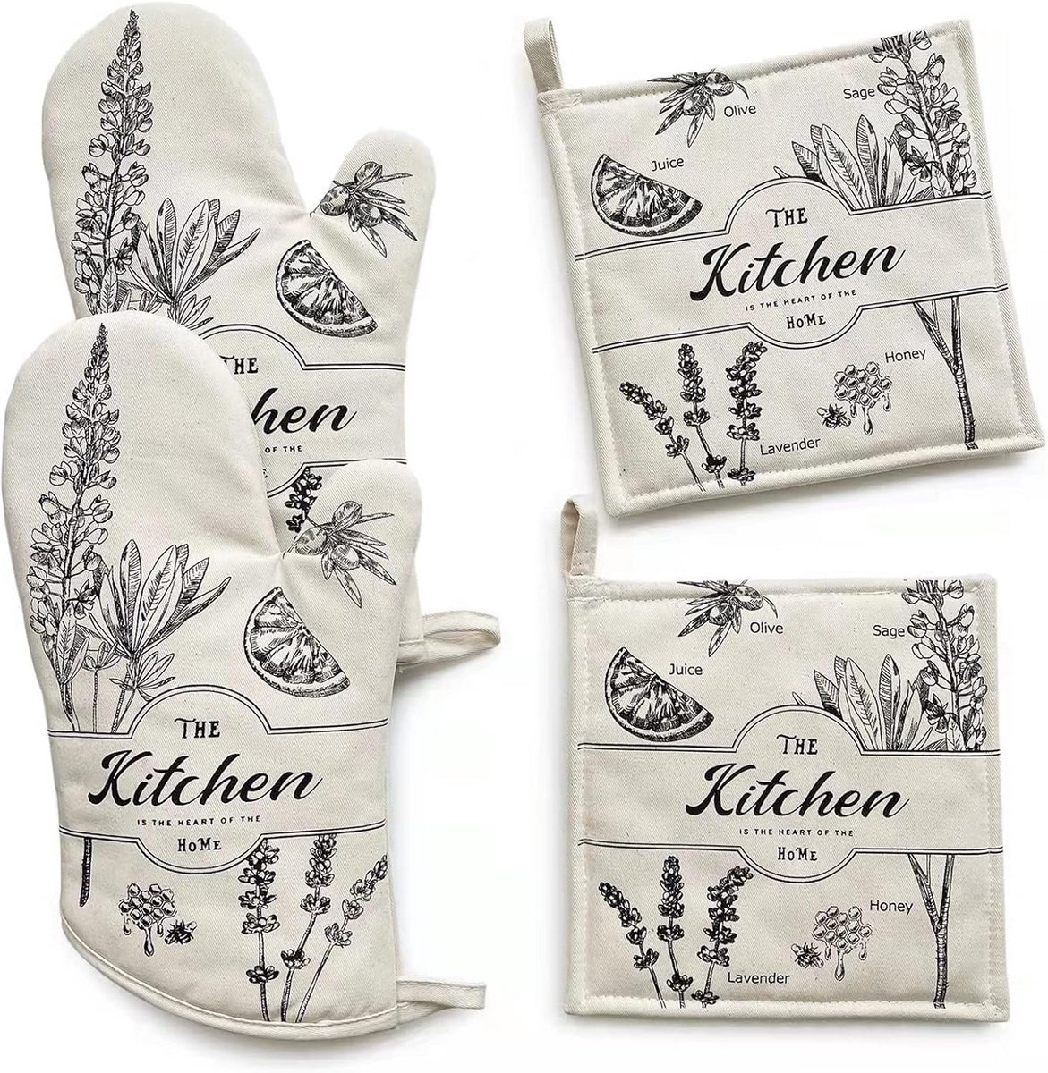 Set van 4 Ovenwanten en Pothouders Beige - Hittebestendig en Wasbaar