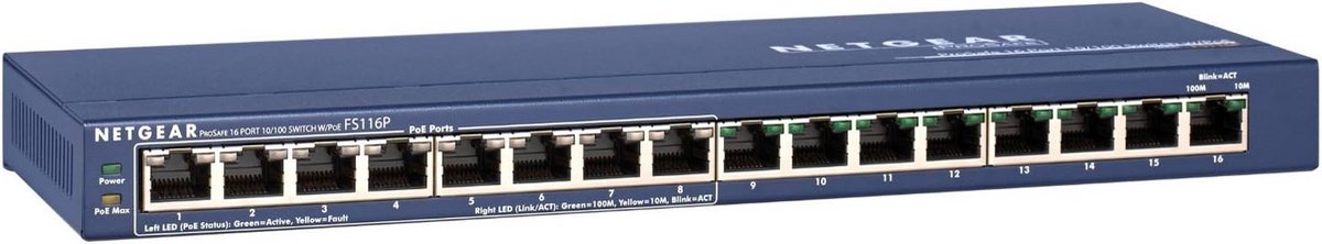 16-Poorts Unmanaged Fast Ethernet Switch met 8x PoE (70W Totaal) - Plug & Play LAN Netwerk Switch