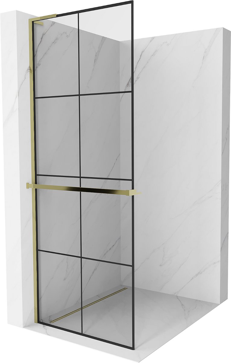 Mexen Kioto+ L douchewand met plank Walk-in 90 x 200 , zwart raster, goud - 800-090-123-50-77