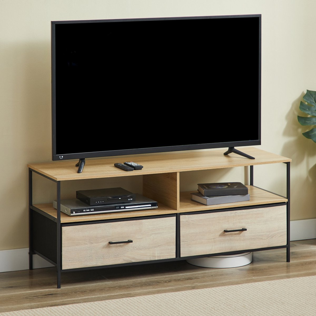 CASABEL tv-meubel van 120 cm in zwart metaal en MDF met 2 stevige stoffen lades en open schappen, modern en robuust design.