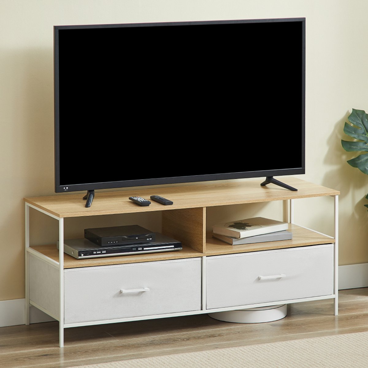 CASABEL tv-meubel van 120 cm in wit metaal en MDF met 2 stevige stoffen lades en open schappen, modern en robuust design.