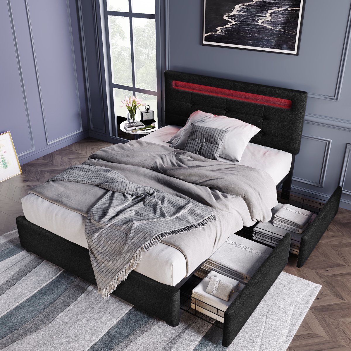 MODFU Bedframe 90x200 cm – Met LED-hoofdbord, 2 lades én matras – Gestoffeerd in zwart linnen