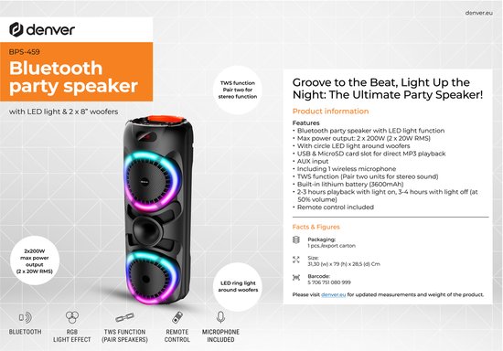 Denver Bluetooth Speaker Party box - Discolichten - Partybox - Incl. Draadloze Microfoon & Afstandsbediening - BPS459 van Denver — afbeelding 3