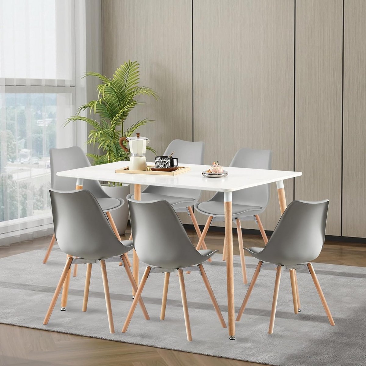 Eethoekset met 6 stoelen - Witte rechthoekige tafel met grijze stoelen - MDF tafelblad - B