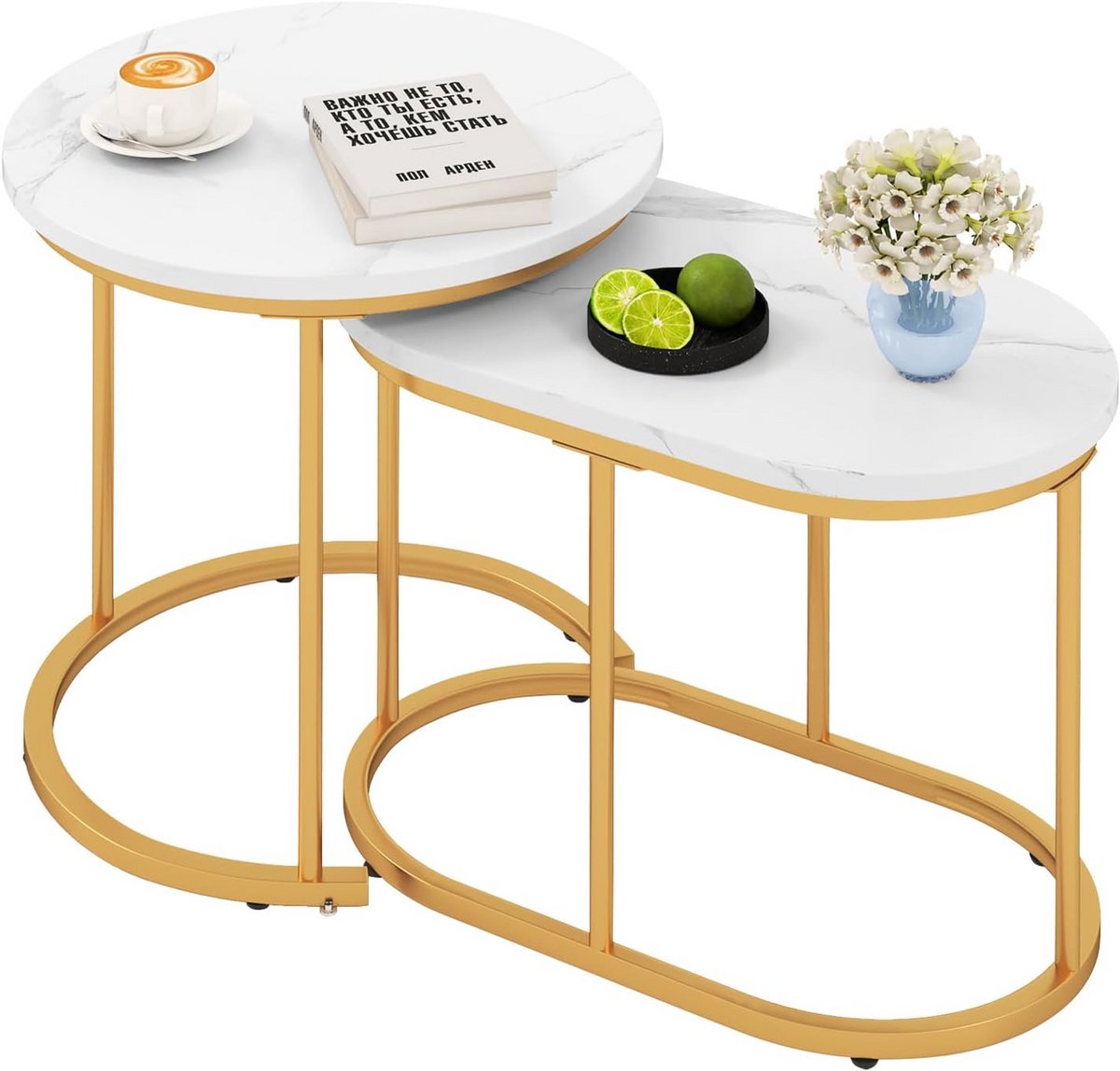 Set van 2 Uittrekbare Salontafels met Marmerlook en Metalen Frame