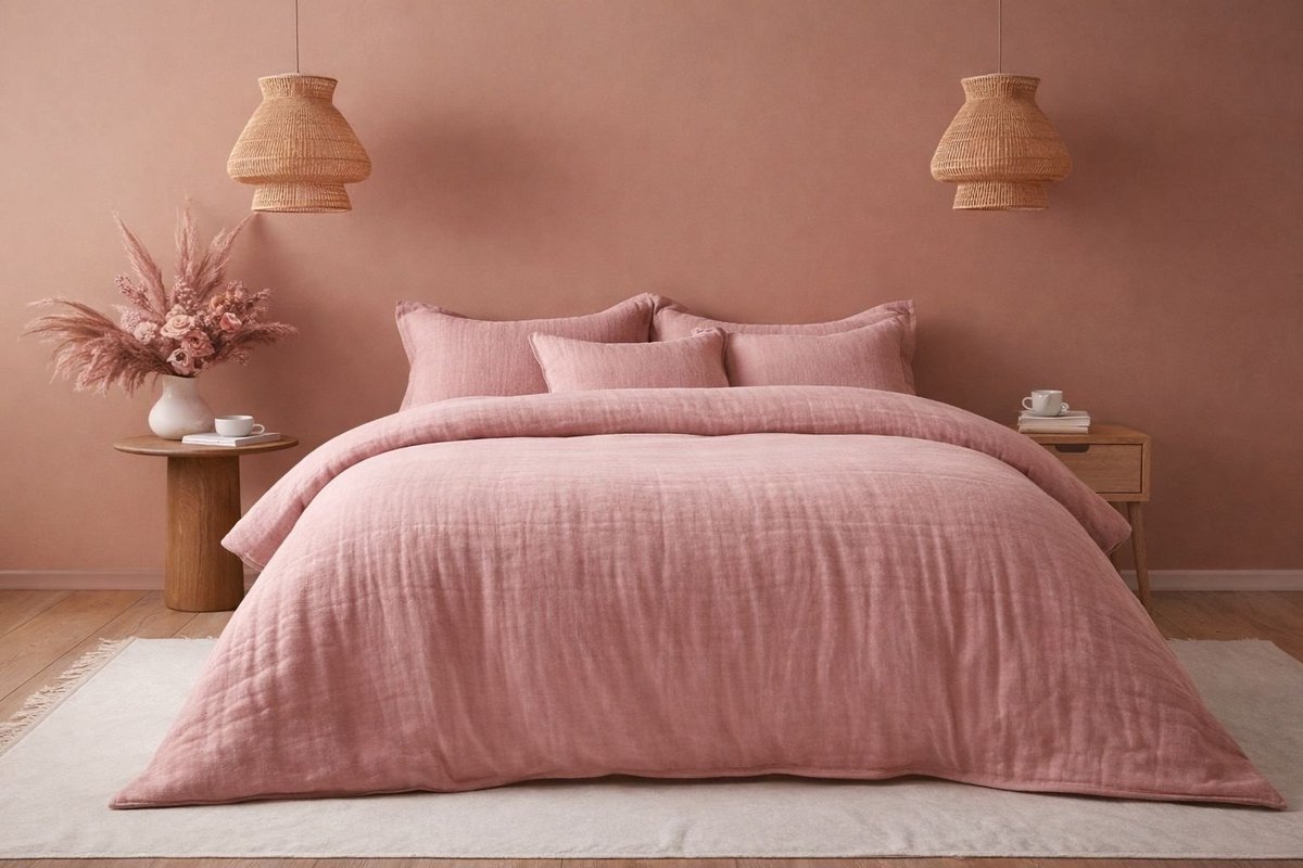 Mousseline Dekbedovertrek Roze - 100% Premium Perkaal Katoen - 200x200/220 cm + 2 kussenslopen